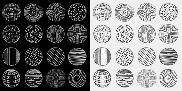 Doodle abstract hand drawn circles. Isolated round shapes with pattern, scribble modern shapes. Linear decorative vector set of elements