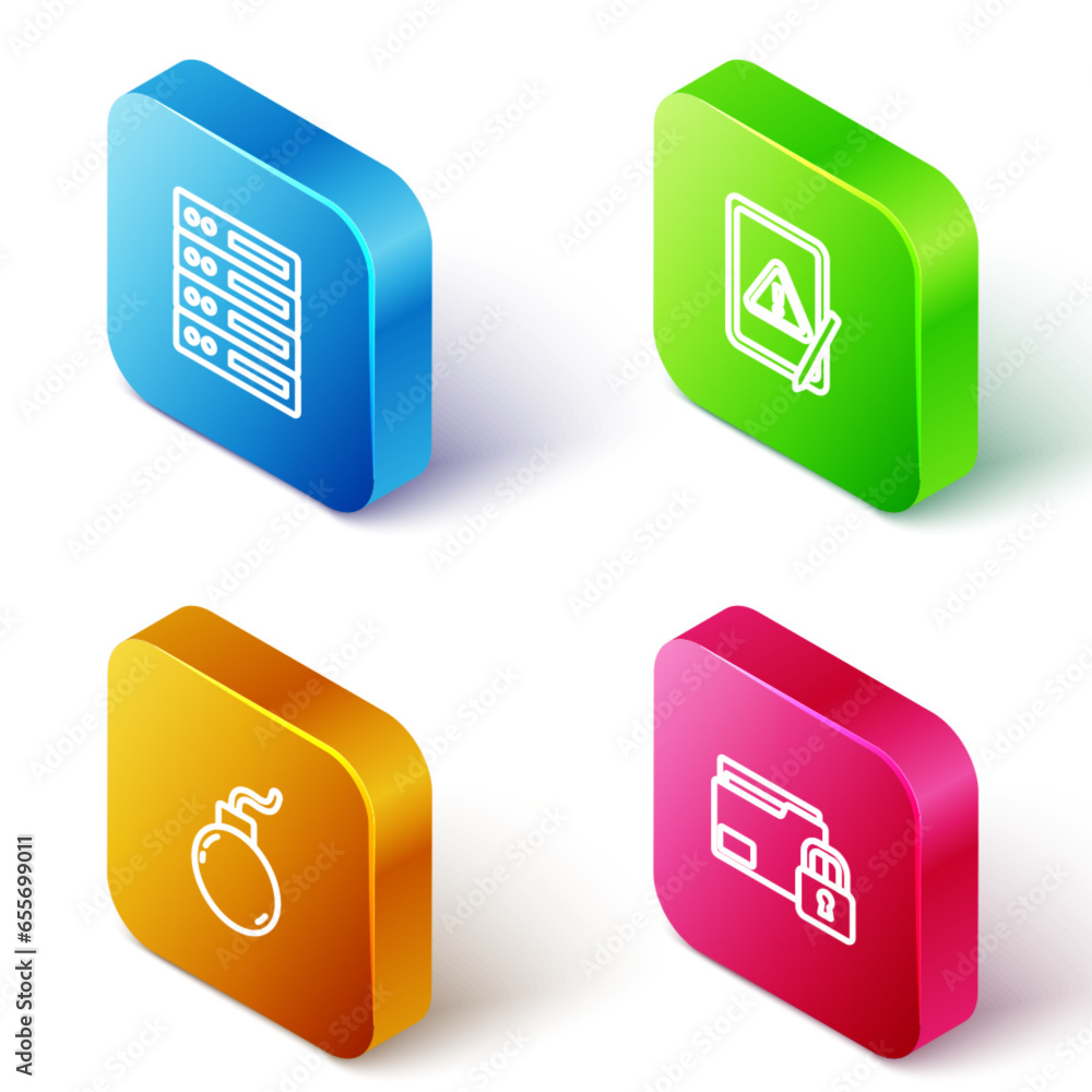 Poster set isometric line server, data, web hosting, tablet with exclamation mark, bomb ready to explode an
