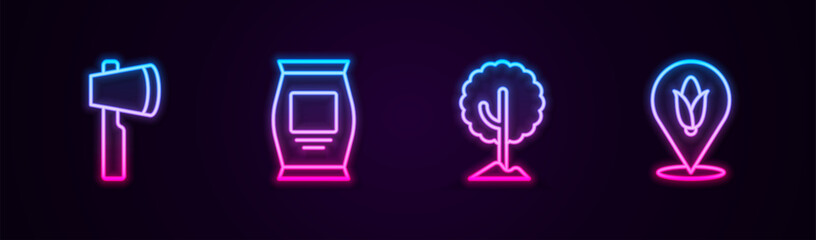 Set line Wooden axe, Fertilizer bag, Tree and Location corn. Glowing neon icon. Vector