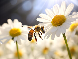 bee flies near daisy