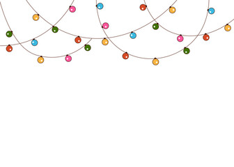 Hanging Christmas garland with colored lights. Template for the design of a banner, postcard. Doodle garland on a transparent background. Vector illustration