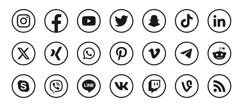Set of social media icons in circle shape. Social network vector symbols.