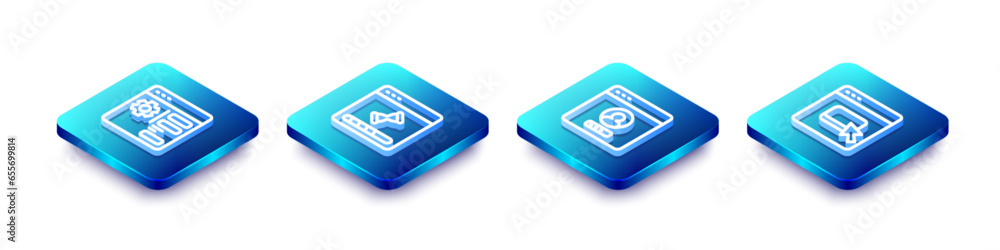 Poster set isometric line browser setting, loading data window, create account screen and files icon. vecto