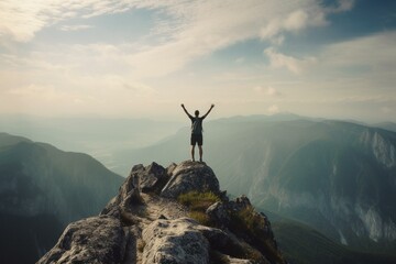Person atop mountain enjoys freedom. Generative AI