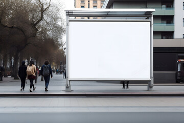 white billboard mockup placed in a busy public area. The billboard is the main focus of the image and is surrounded by people walking past it.