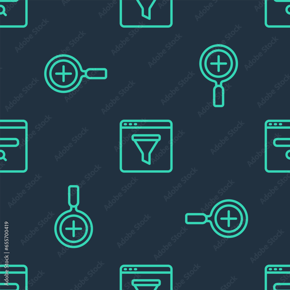 Poster set line browser window, magnifying glass and delete and search engine on seamless pattern. vector