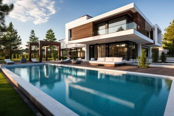 Fototapeta premium Exterior of modern minimalist cubic villa with swimming pool at sunset. Generative AI