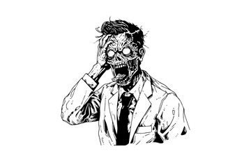 Zombie office worker hand drawn ink sketch. Engraved style vector illustration