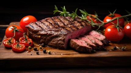 Juicy grilled beef steak on an old wooden board