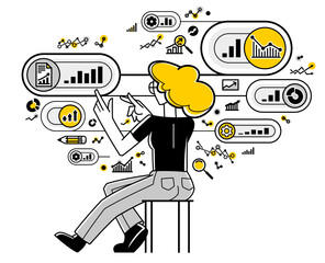 Worker analyzes some data and systematizing information, vector outline illustration, abstract big data analysis, automation