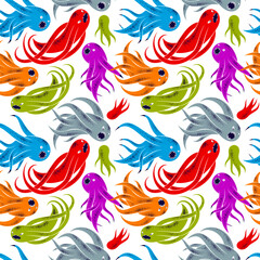 Scary horror monsters seamless vector textile pattern, beasts creatures endless wallpaper, stylish background for Halloween theme, funny picture.