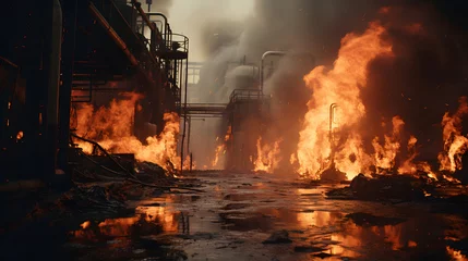 Papier Peint photo Feu Fire and refinery plant , concept crisis a large oil refinery fire and emergency fire case.