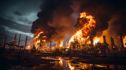 Fire and refinery plant , concept crisis a large oil refinery fire and emergency fire case. - obrazy, fototapety, plakaty