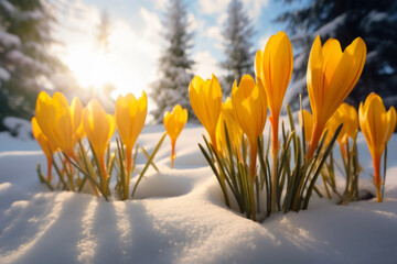 Nature lighting of spring landscape with first yellow crocuses flowers on snow in the sunshine and beautiful sky. Life or nature botanical concept.