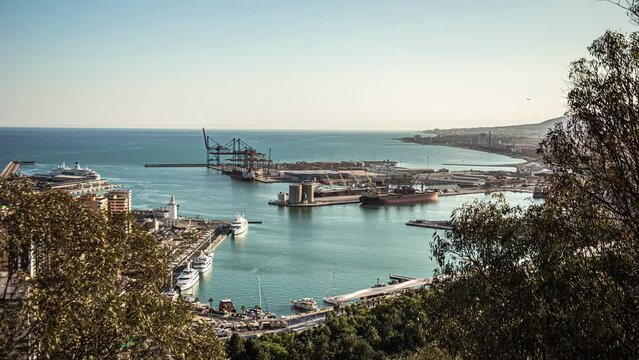 Port of Malaga shipping terminal, Spain as seen from Mount Gibralfaro - time lapse