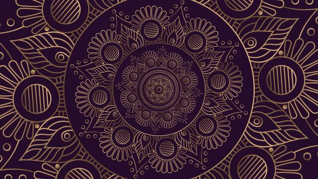 Gold and dark purple mandala ornament background looping smoothly, arabic islamic style for any purpose. Abstract ornamental digital gold color mandala. Floral vintage decorative elements oriental