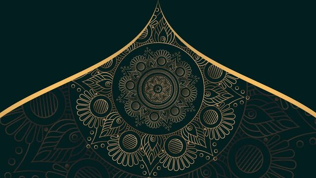 Gold and dark green mandala ornament background looping smoothly, arabic islamic style for any purpose. Abstract ornamental digital gold color mandala. Floral vintage decorative element's oriental