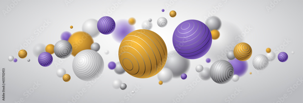 Poster realistic lined spheres vector illustration, abstract background with beautiful balls with lines and