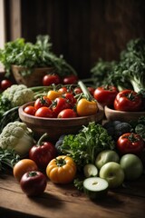 A colorful assortment of fresh vegetables on a rustic wooden table