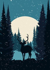 Christmas card with snowy landscape and a deer silhouette
