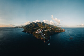 Aerial drone panorama of Lighthouse at Vieux-Fort, the southernmost point of Guadeloupe, Caribbean...