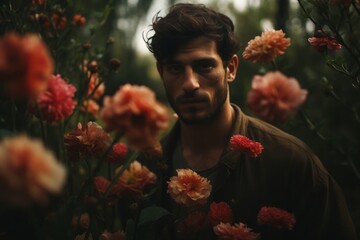 Naklejka premium Portrait of a solitary man surrounded by vibrant flowers, capturing a moment of contemplation and serenity. Ideal for themes of solitude, nature, and mental well-being.