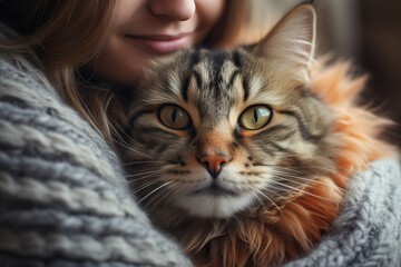 A blonde girl hugs her cat. The atmosphere of warmth and comfort