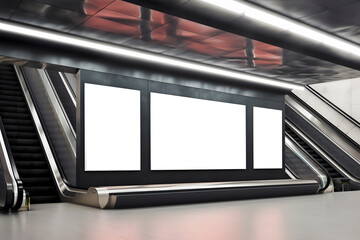 blank billboard situated above an escalator in a modern, industrial-style setting with metallic elements, The billboard is mounted above an escalator