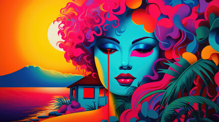 Glamorous youthful beauty fused with tropical island fun soaking up the summer sun, colorful retro synthwave pop art like illustration, golden hour sunset, exotic holiday solo traveler influencer.