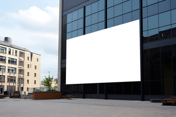 large blank billboard located in an urban setting with modern buildings in the background and a clear sky above. The billboard is the focal point of the image