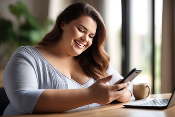 plus size woman texting on mobile phone