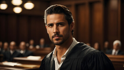 A remarkably handsome man exuding confidence and professionalism in a courtroom, with a blurred background that features a distinguished judge presiding over the proceedings, symbolizing the pursuit o