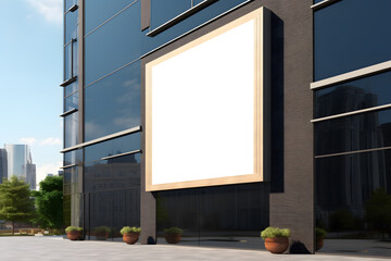 large blank billboard located in an urban setting with modern buildings in the background and a clear sky above. The billboard is the focal point of the image