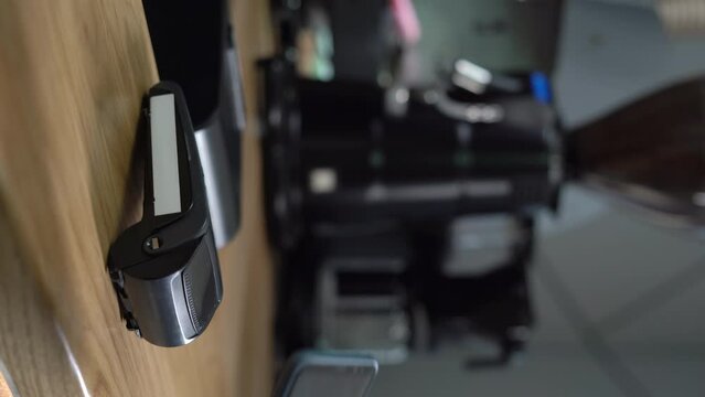 Customer stand near bar counter pay bill using nfc pos machine. Mobile payment apps advertisement