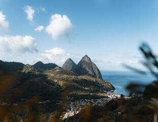 Soufriere, St Lucia from an overlook with the world famous Pitons in the background and beautiful...