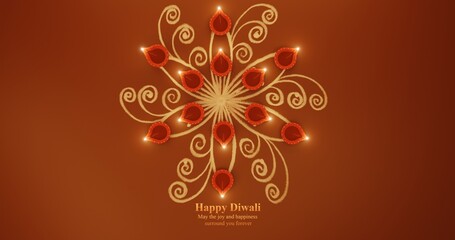 Diwali Festival banner. Realistic Diya lamps and decorations on a dark background. CG render