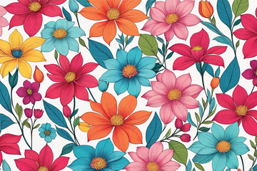 seamless pattern with flowers seamless pattern with flowers seamless pattern of bright colored flowers and leaves on a white background - obrazy, fototapety, plakaty