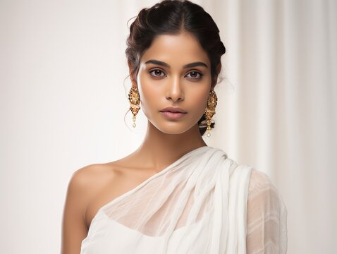 Indian Model in Chic Dress on White Background