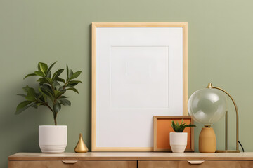 Fototapeta na wymiar mockup photo featuring a blank white frame centered on a wooden shelf, complemented by decorative items and greenery against a muted green wall