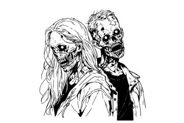 Zombie love match pair hand drawn ink sketch. Woman and man zombies. Engraved style vector illustration