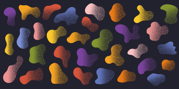 Colorful Amoeba blob with gritty texture, organic abstract shape. Set of Liquid amorphous shapes, fluid blotch collection. Grain sandstone