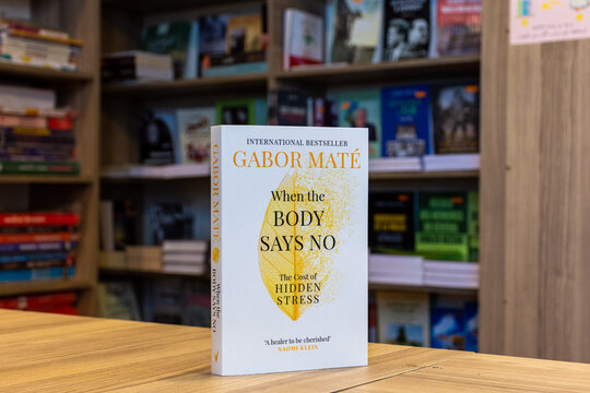 Close up Gabor Mat&eacute;'s When the Body Says No book in the bookshop.