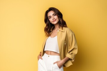 Portrait of a Fictional Stylish and Elegant Woman Model Wearing Casual Chic Clothes. Isolated on a plain background. Generative AI.