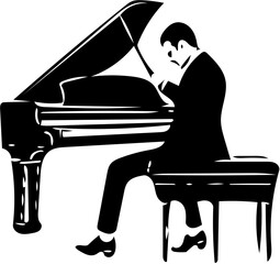 Vector illustration of a pianist playing piano in black isolated on white background 