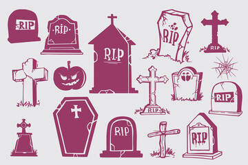 Halloween tombstones cartoon cemetery gravestone. Creepy Halloween tomb