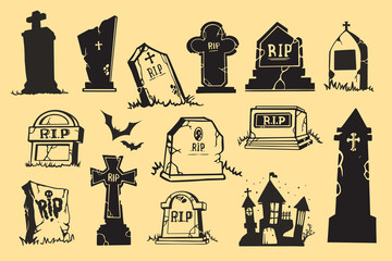 Halloween gravestone silhouettes tombstones.  Creepy Halloween tomb - obrazy, fototapety, plakaty