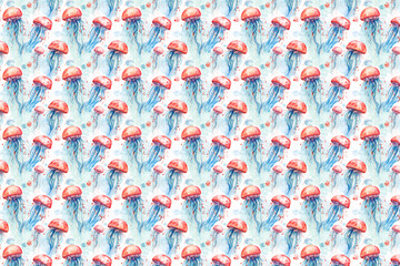 Fototapeta na wymiar jellyfish sea creature fantasy seamless pattern. Fabric, bedding sheets or Hawaiian shirt print design.
