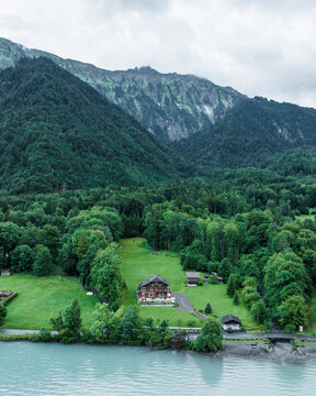 Aerial view of mountain resorts along the Brienzersee Lake in summertime, Bern, Switzerland.