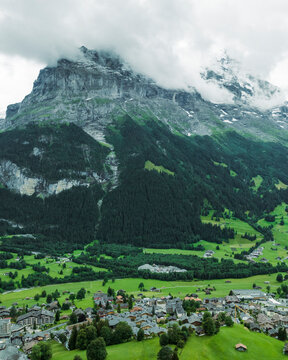 Aerial view of Grindelwald valley with the Mattenberg mountain, Canton of Bern, Switzerland.