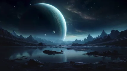 Photo sur Plexiglas Vert bleu Fantasy land with uninhabited surroundings of sharp rocks and dark lake. In the night sky planet earth is seen with stars and dark sky. Fantasy picture, astro photo.